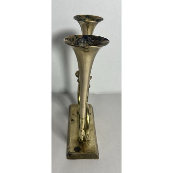 Brass Double Bugle Trumpet Horn Holiday Candlestick Holder Pedestal Music Lover - Picture 5 of 9